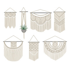 Set of DIY wall hanging. Collection of boho knitting decoration. Cotton cord plant hanger and macrame decor. Vector illustration. © Aleksandra