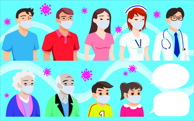 covid-19 protection by people wearing masks (no line stroke)