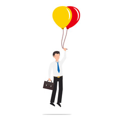 Cartoon character illustration of successful young business man flying on colorful balloons. Flat design isolated on white.