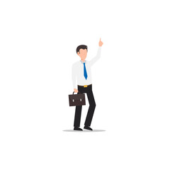 Cartoon character illustration of successful young business man pointing hand finger up or showing one sign and bringing briefcase. Flat design isolated on white.