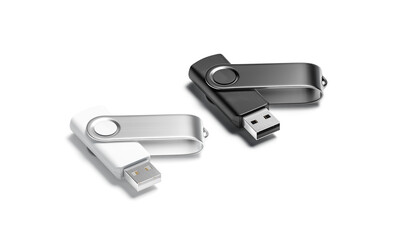 Blank black andwhite opened usb stick mockup set, side view