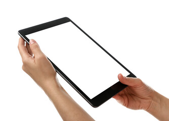 Woman holding tablet computer with blank screen on white background, closeup. Modern gadget