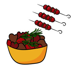 Skewers with tomatoes and a bowl of grilled meat and vegetables. Colorful vector illustration isolated on a white background.Design for travel and summer beach holidays.