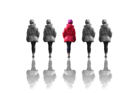 Abstract Photo Of Girl In Red Jacket From Back Between Black And White Images Of Same Girl Isolated On White Background