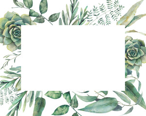Green plants and succulent horizontal frame. Hand painted invite or greeting card template.