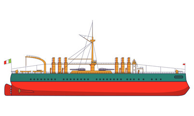 Italian battleship Italy combat naval artillery. Military ship with guns side view and top view. Line art flat vector illustration.Armored warship.