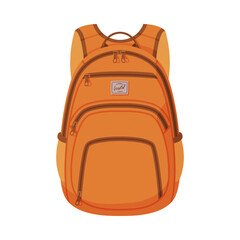 Orange Backpack, Front View of Schoolbag or Camping Rucksack Flat Style Vector Illustration on White Background