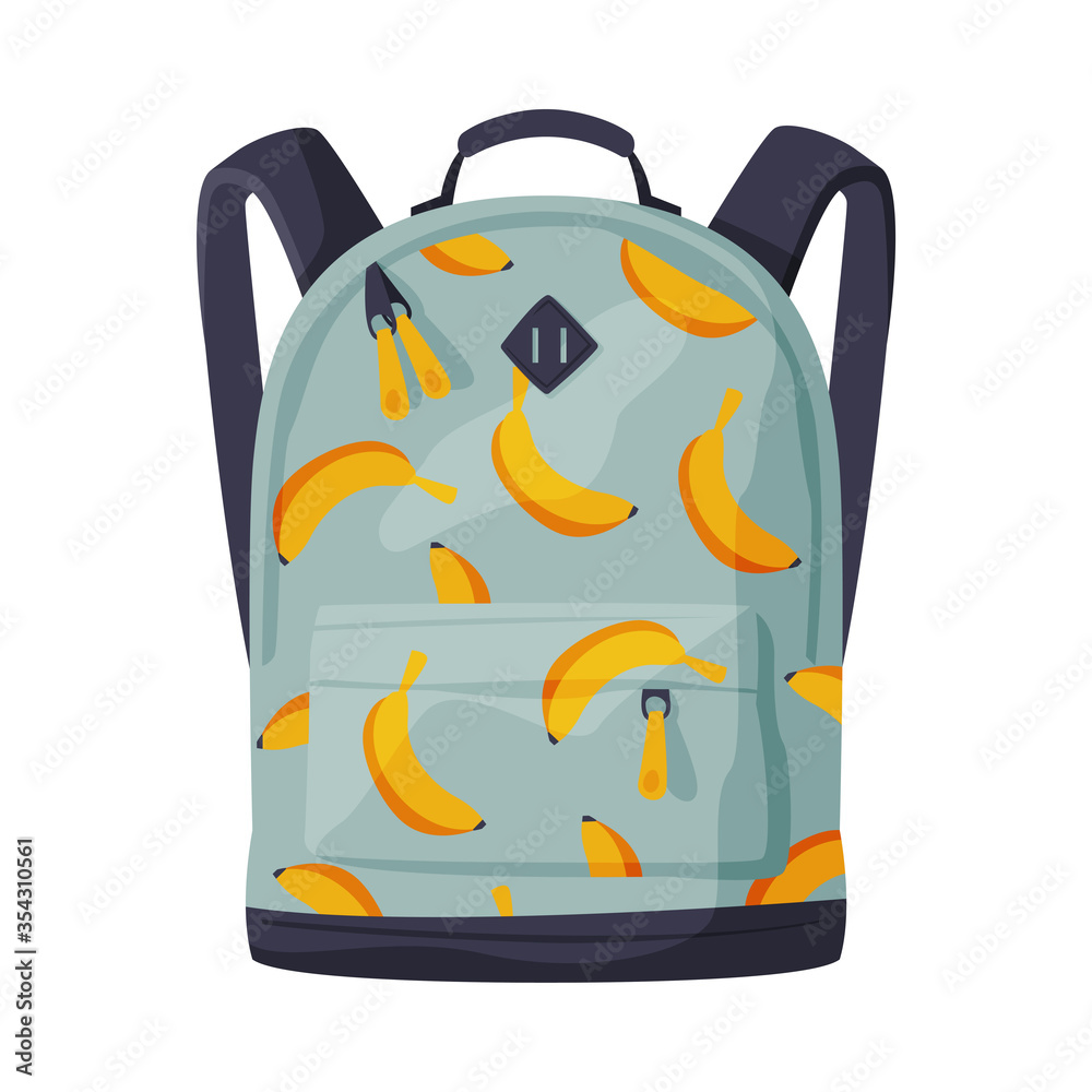 Poster Backpack for Schoolchildren or Students, Front View of Textile Backpack with Pattern of Bananas Flat Style Vector Illustration