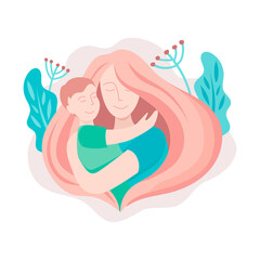 Mother hugs the child. Vector illustration on the theme of family values, children's day. The concept of pastel colors.