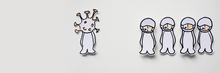 Paper human sick with a virus in a crowd of people on the white