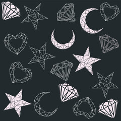 Vector abstract polygonal geometric abstract background, star, heart, moon, diamond rock