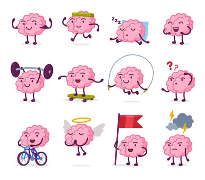 Cute Pink Brain with Various Emotions Set, Funny Human Nervous System Organ Cartoon Character in Different Situations Vector Illustration on White Background