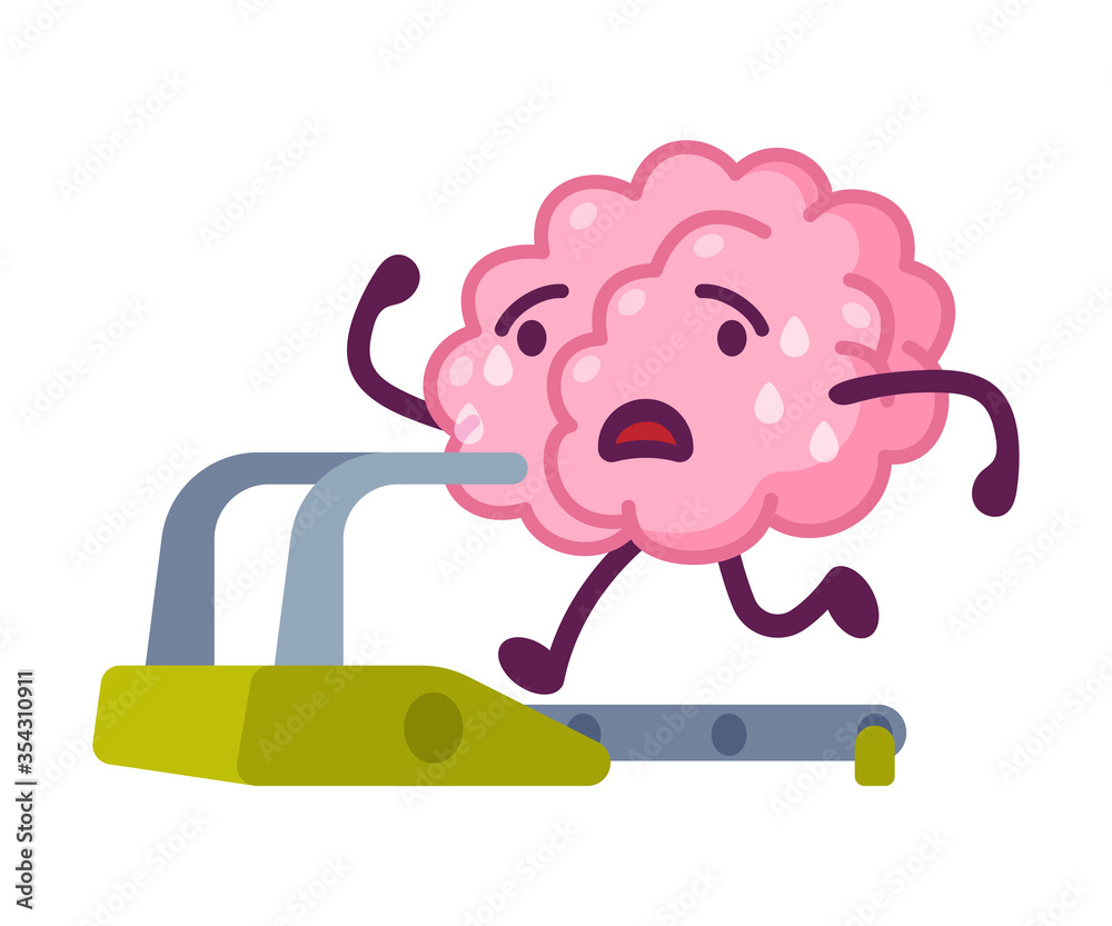 Poster Pink Brain Running on Treadmill, Funny Human Nervous System Organ Cartoon Character Vector Illustration on White Background