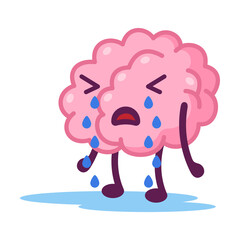 Unhappy Pink Brain Crying, Funny Human Nervous System Organ Cartoon Character Vector Illustration on White Background