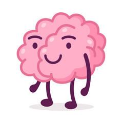 Cheerful Smiling Pink Brain, Funny Human Nervous System Organ Cartoon Character Vector Illustration on White Background