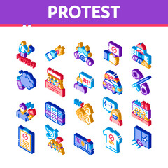 Protest And Strike Icons Set Vector. Isometric Plant Workers Protest, Respiratory Mask And Burning Liquid Bottle, Police Tool And Van Illustrations