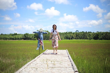 Fototapeta premium A woman standing on a wooden bridge in a rice field