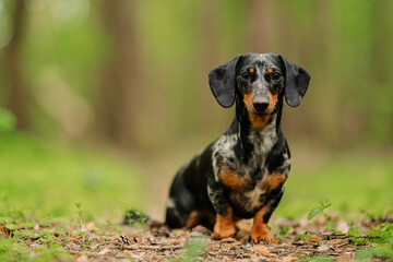 black marble dachshund against the background of a blurry summer or spring forest close up look at...