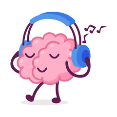 Pink Brain Walking and Listening Music with Headphones, Funny Human Nervous System Organ Cartoon Character Vector Illustration on White Background