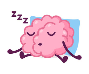 Pink Brain Sleeping on Pillow and Snoring, Funny Human Nervous System Organ Cartoon Character Vector Illustration on White Background