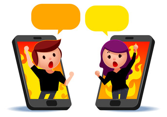 Vector cute protester characters on mobile phone, smart phone with speech bubbles