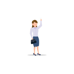 Cartoon character illustration of successful young business woman pointing hand finger up or showing one sign. Flat design isolated on white background.