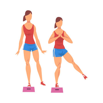 Woman Doing Glute Exercise Using Steps Platform in Two Steps, Girl Doing Sports Firming her Body, Buttock Workout Vector Illustration on White Background