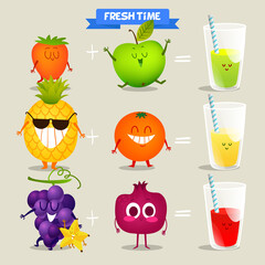 A set of cute fruit. Illustration with funny characters. Love and hearts. Time to fresh. 
