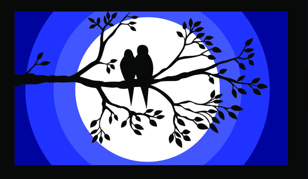 Digital Landscape art of two birds sitting on a branch and watching moon with Blue background