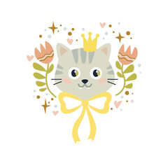 Vector festive cartoon cat with crown, bow, flowers. Flat style. Excellent for the design of postcards, posters, stickers and so on.