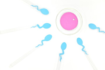In vitro fertilization concept. Sperm and egg cell on test tube and petri dish in laboratory.