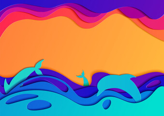 Summer landscape of the sea with dolphins at sunset in paper cut background. Abstract realistic paper decoration for design textured with cardboard wavy colorful layers. 3d relief. The art of carving.