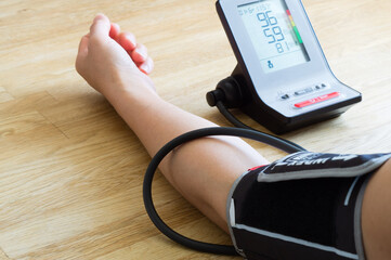 Health check blood pressure and heart rate with digital pressure gauge.