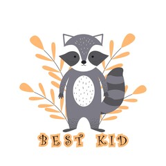 Cute character raccoon in Scandinavian style stock vector illustration isolated on white background. Print, decoration, silhouette and childish.text best kid.