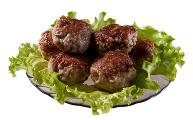 Fried cutlets on a dark plate isolated on a white background.