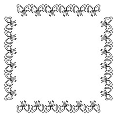 Square frame with black-and-white doodle bowknot on white background. Vector image.