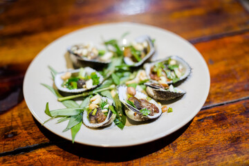 Delicious vietnamese mussels in a restaurant