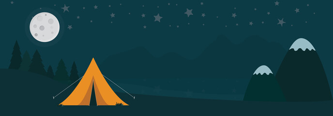 Camping in the wild during night. Vector illustration  of tranquil scene in the wilderness with yellow tent, moon, river, trees and mountains.