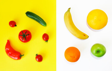 fruit, Apple, orange, grapefruit and vegetables, cucumber, tomato, pepper