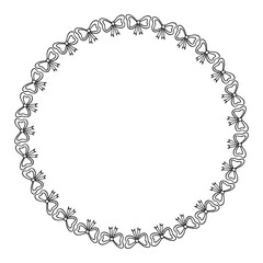 Round frame with black-and-white doodle bowknot on white background. Vector image.