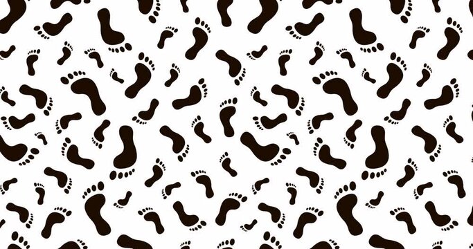 Seamless pattern black human footprints on white background. Loop animation 4K