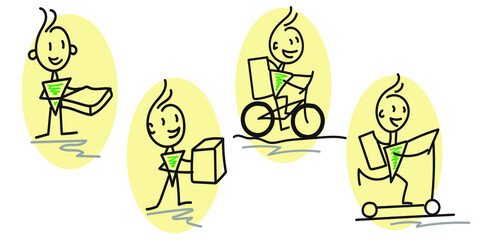 The concept of online delivery of goods to your home and office. Pizza delivery. Scooter and Bicycle courier. Doodle.  Vector illustration