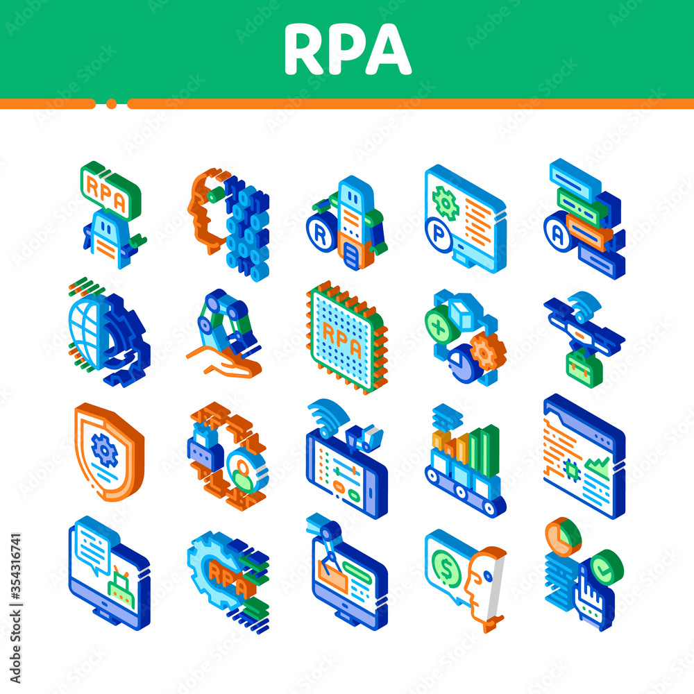 Poster rpa cyber technology icons set vector. isometric rpa robotic process automation, drone delivering an