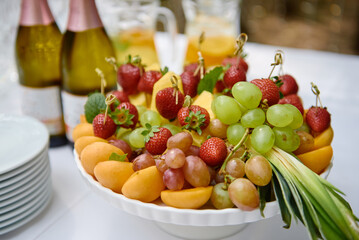Plate with sliced fruits and berries on servered buffet table at luxury wedding reception outdoors, copy space. Catering banquet table in restaurant