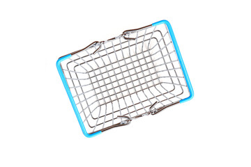 Top view of supermarket shopping basket on white background. Black friday sale concept. Copy space.