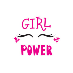 Girl power text, feminism slogan. Black inscription for t shirts, posters and wall art. Feminist sign handwritten with ink and brush.