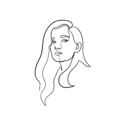 Minimal line vector woman. Linear glamour portrait woman. Portrait of girl. Linear glamour logo in minimal style for beauty salon, beautician, makeup artist, stylist. Hand drawn art.