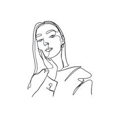 Minimal line vector woman. Linear glamour portrait woman. Portrait of girl. Linear glamour logo in minimal style for beauty salon, beautician, makeup artist, stylist. Hand drawn art.