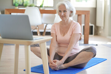 Senior woman doing fitness exercises from home- virtual classes