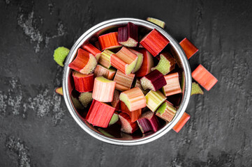 Freshly chopped Rhubarb (close up; selective focus)